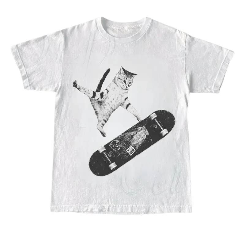 Vintage Style Emo Skater Cat Graphic Tshirt Casual Crewneck, Fantasy Kitten Tshirt, Cute Cat Shirt, Love Cat Tshirt, Meme Cringe Funny Dumb Shirts, Unisex Shirt Menswear Womenswear Streetwear