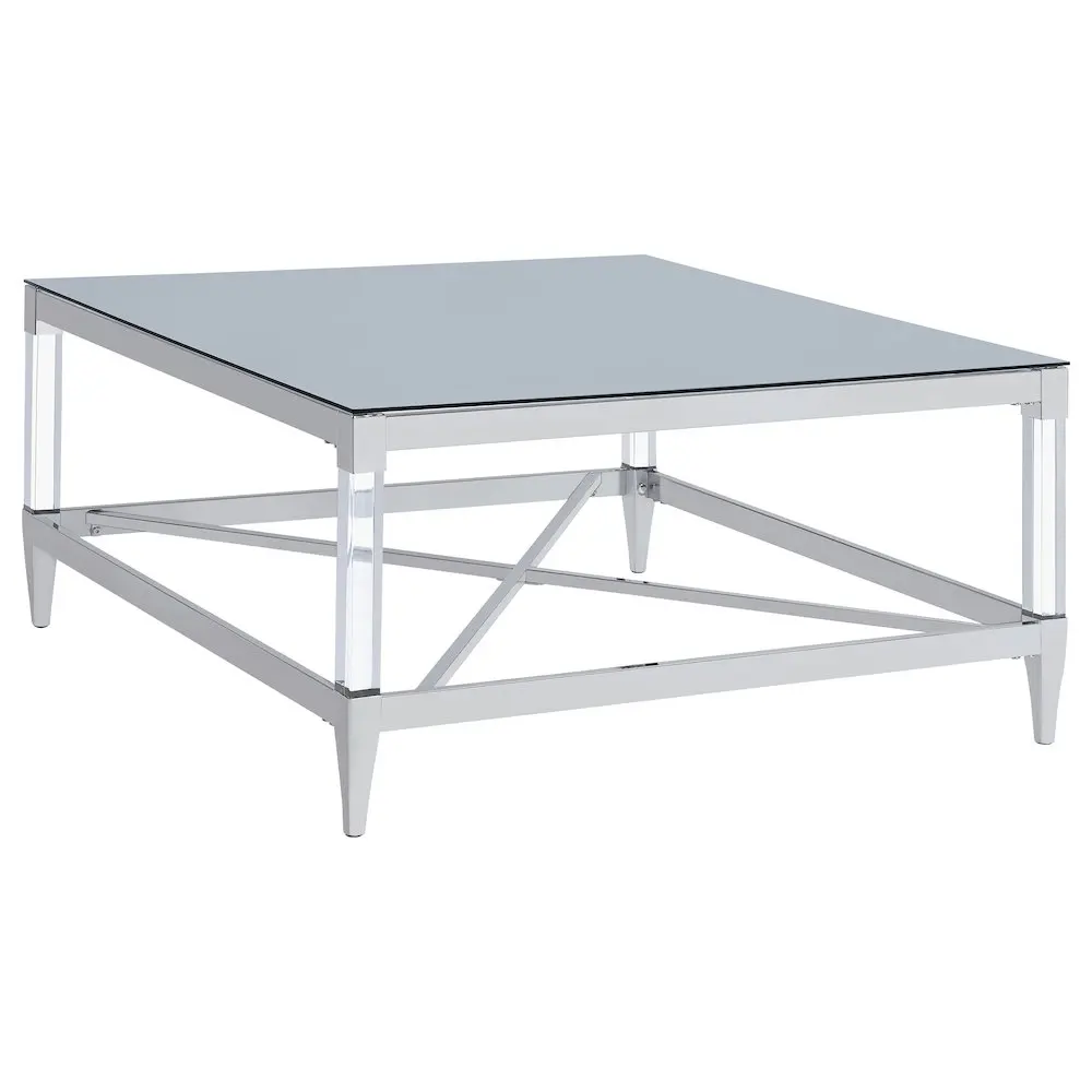 Midcentury Modern Silver Lindley Square Coffee Table, Chrome Floating Legs Base, Tempered Glass Table with Mirror Finish Top, Coffee Tables