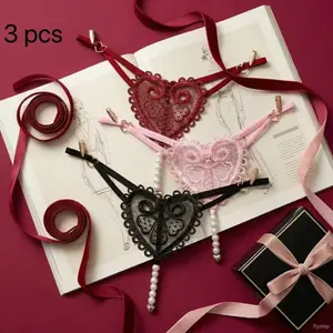 3-Pack Fashion Women's Sexy Thong Underwear, Butterfly Design, Artificial Pearl String, Ideal Gift Choice, No Crotch