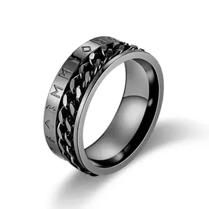 Titanium Steel Viking Runes Chain Ring – Spinner Ring with Rotating Norse Symbol Band, Unique Cultural Jewelry for Men Women