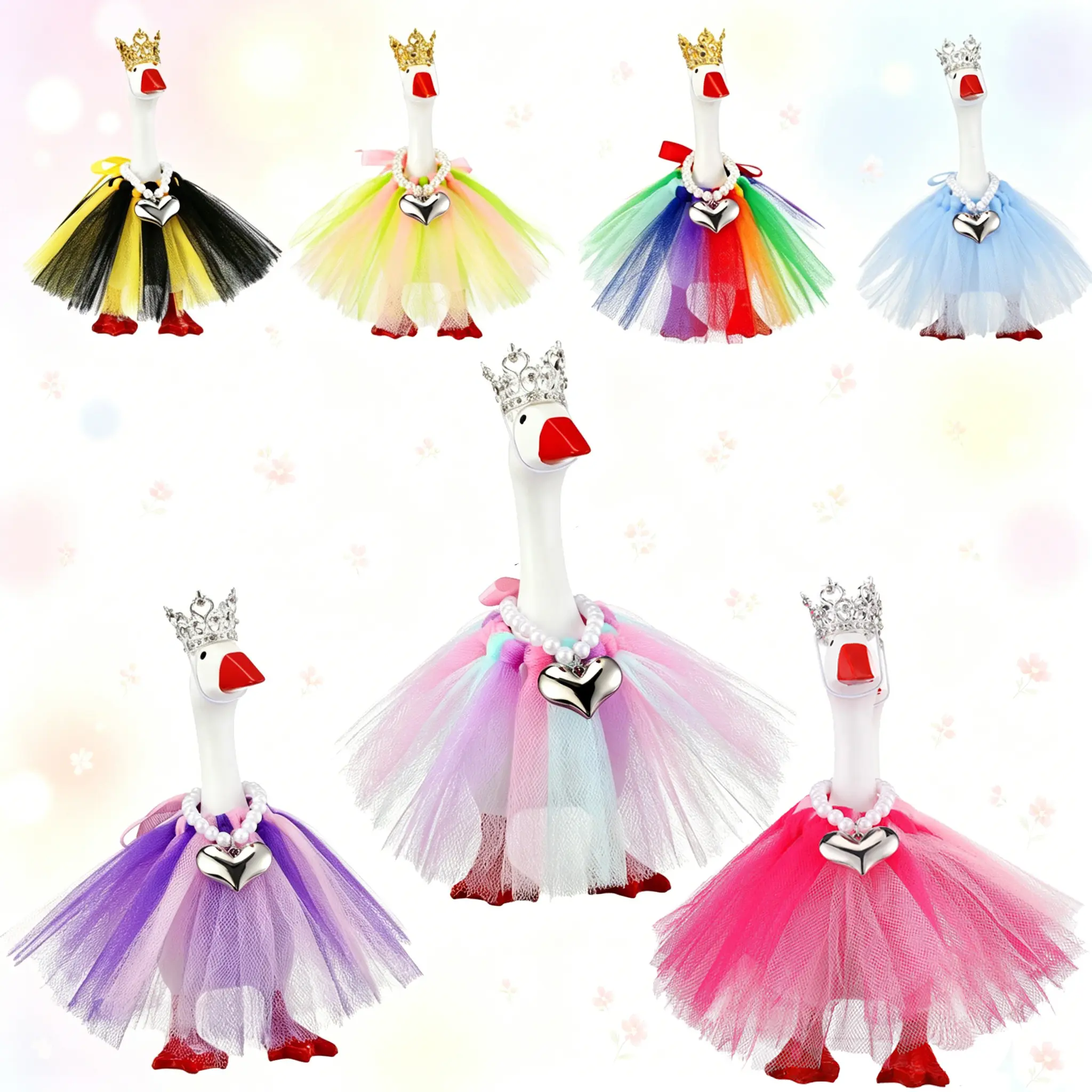 Princess Theme 3-Piece Mini Costume Set - 7-Inch Magnetic Goose Statue Key Holder, Sparkle Polyester Tiara/Necklace/Tutu, No Battery DIY Customized Craft, Decorative Animal Decor for Home Office Gift-Giving