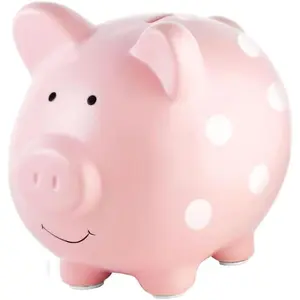 Large Ceramic Piggy Bank - Pink Polka Dot Removable Rubber Coin Bank, Gender-Neutral Nursery Home Decor, Newborn Savings Keepsake Gift for Kids