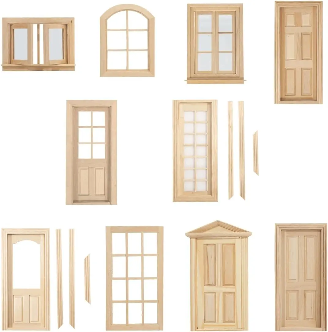 Wooden Miniature 1:12 Scale Dollhouse Doors Door Frame for Dollhouse Furniture Decoration