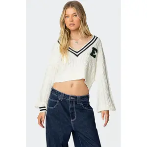 Edikted Women's Collegiate Cropped Cable Knit Sweater