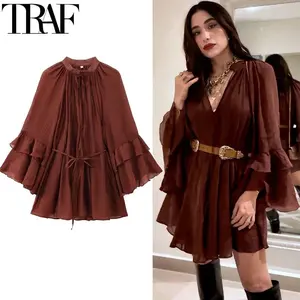 TRAF Ruffle Women's Dress 2025 Long Sleeve Mini Dress Women Summer Pleated Fairy Short Dresses For Woman Tie Elegant Party Dress