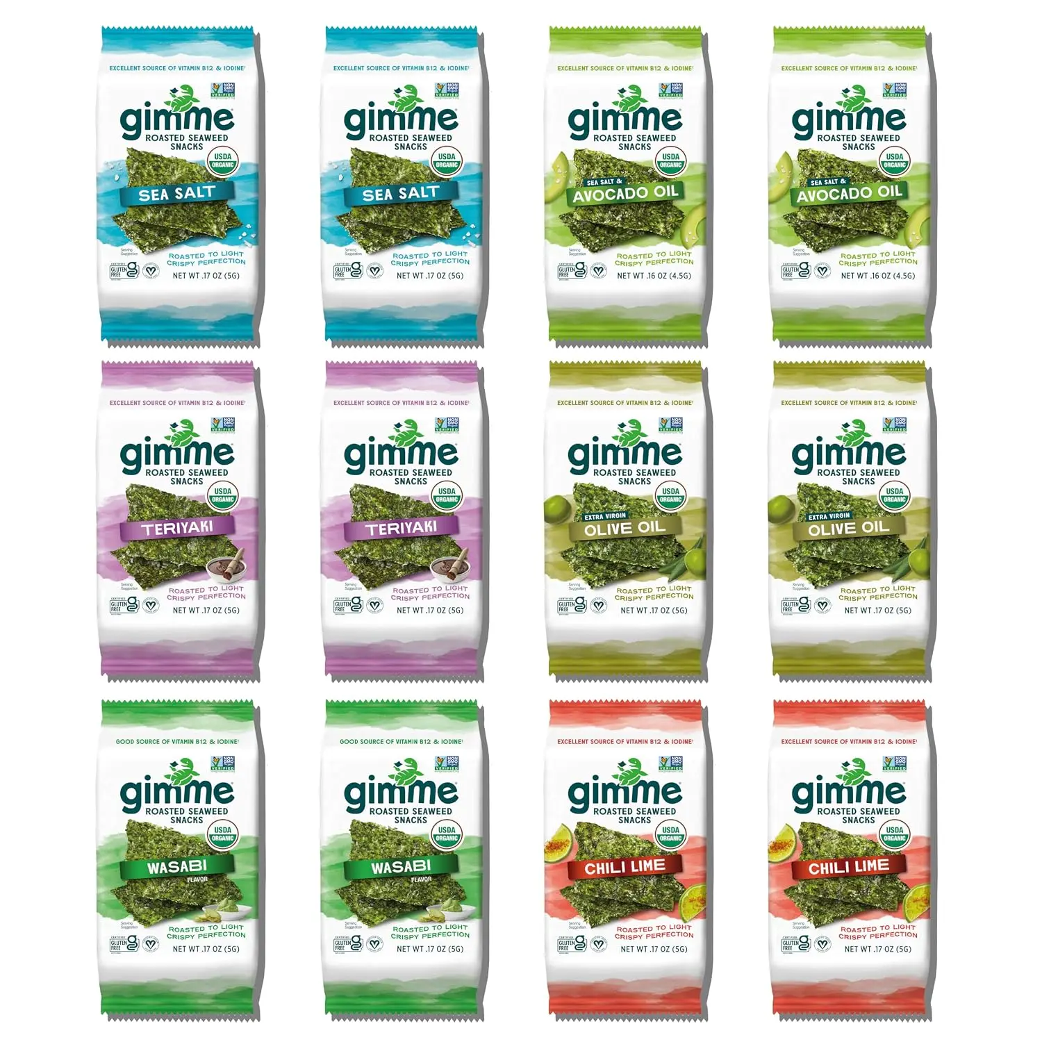 Gimme Seaweed Organic Premium Roasted Seaweed Snacks Variety Pack, 6 Flavors, 12 Count, Keto Vegan Gluten Free Iodine & Omega-3 Snack