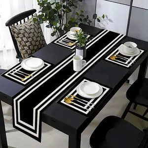 5/7 piece dining table mat set, insulation mat, Placemat, living room tablecloth decoration, with simple white border and black background pattern, suitable for daily use in kitchens, dining tables, living rooms, indoor and outdoor