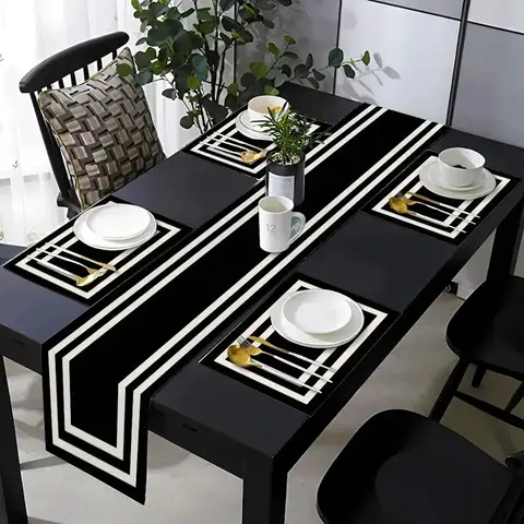 5/7 piece dining table mat set, insulation mat, Placemat, Table placemats, Rectangle, with white border and black pattern, suitable for kitchens, dining tables, living rooms, indoor and outdoor