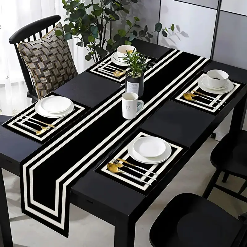 5/7 piece dining table mat set, insulation mat, Placemat, Table placemats, Rectangle, with white border and black pattern, suitable for kitchens, dining tables, living rooms, indoor and outdoor