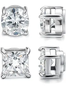 2 Pairs Stainless Steel Stud Earrings for Men Women Fake Non-piercing CZ Hypoallergenic 4-10mm Stud Earring Jewelry