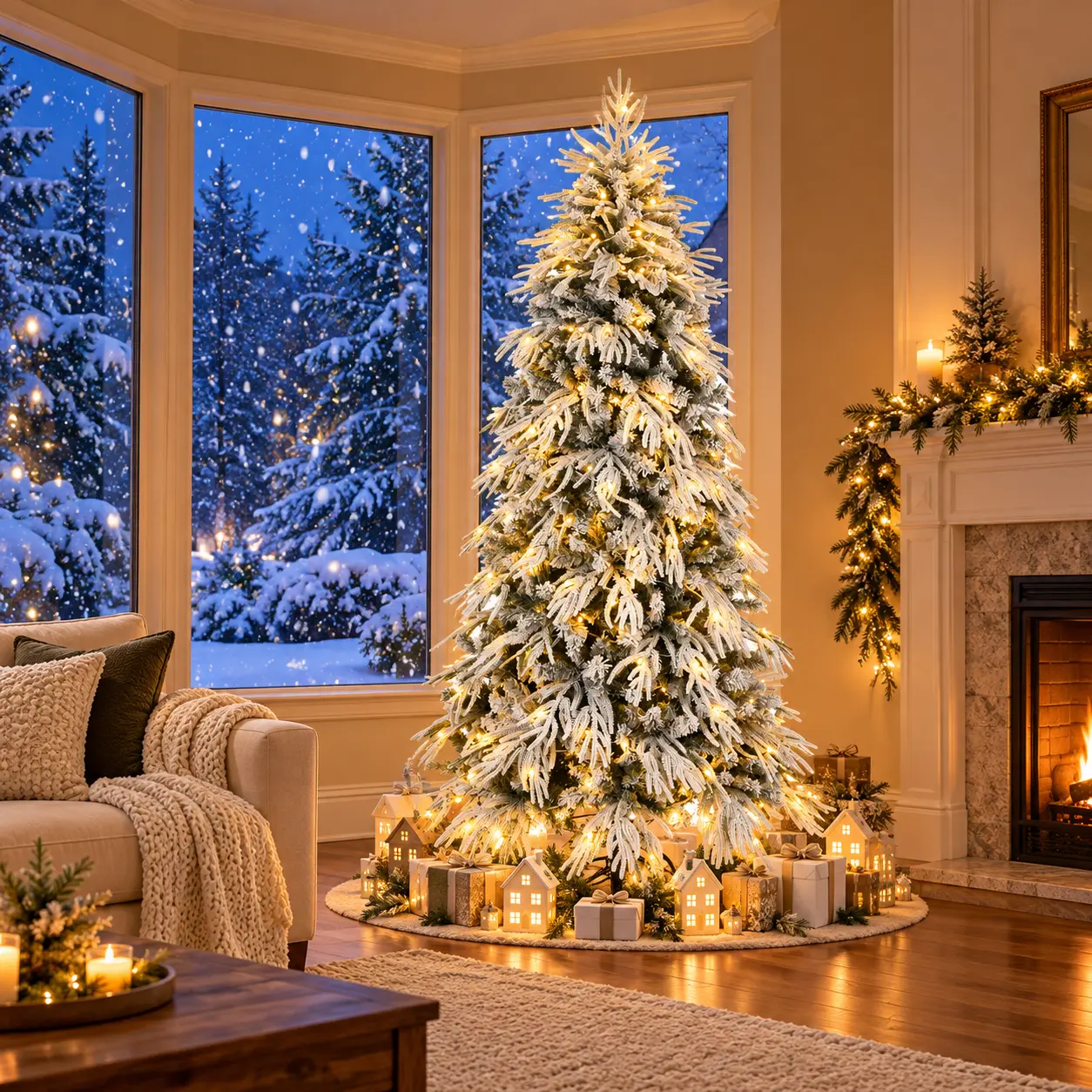 Pre-Lit Slim Flocked Artificial Christmas Tree Decor, 7 FT/8 FT Snow-Covered Noble Fir with Warm White LED Lights, PE & PVC Branches, Metal Stand for Living Room, Narrow Spaces
