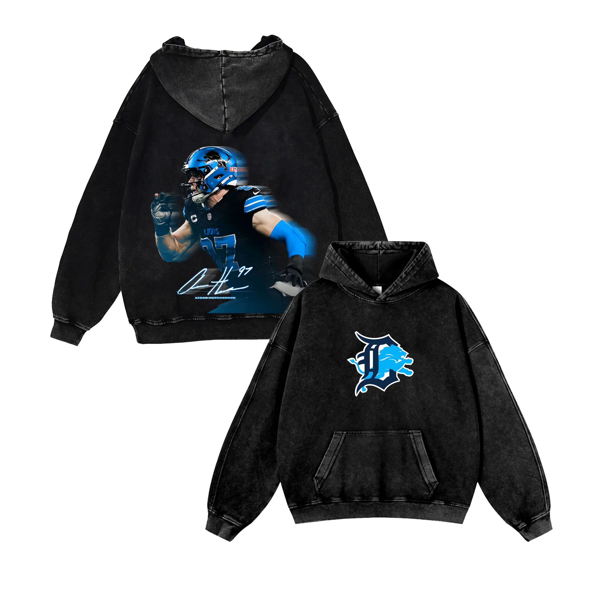 Aidan Hutchinson #97 Lions Casual Washed Hoodie | Sack King DE Gear, Detroit Grit Identity, Faded Wash Motor City Mauler Vibe