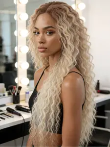 Ombre Ash Blonde Deep Wave Lace Front Wig, Dark Root to Platinum Blonde Gradient, 28" Curly Heat Resistant Synthetic Hair, 13x4 HD Transparent Lace, Free Parting, Pre-Plucked Natural Hairline for Daily Use