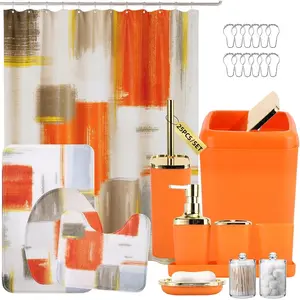 Bathroom Set - Orange Bathroom Accessories Set, Bathroom Sets with Shower Curtain and Rugs, Orange Shower Curtain Set with Bathroom Trash Can, Soap Dispenser, Soap Dish for Home Decor