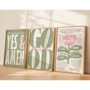 Pink Sage Green Girly Christian Wall Art, Set God is Good All The Time Print, Christian Posters For Teens God Is Within Her She will Not Fall