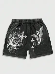 Unisex Washed Vintage Angel Cross Thorn Print Shorts, Gothic High Street Loose Drawstring Five-Quarter Pants, Summer Streetwear Couple