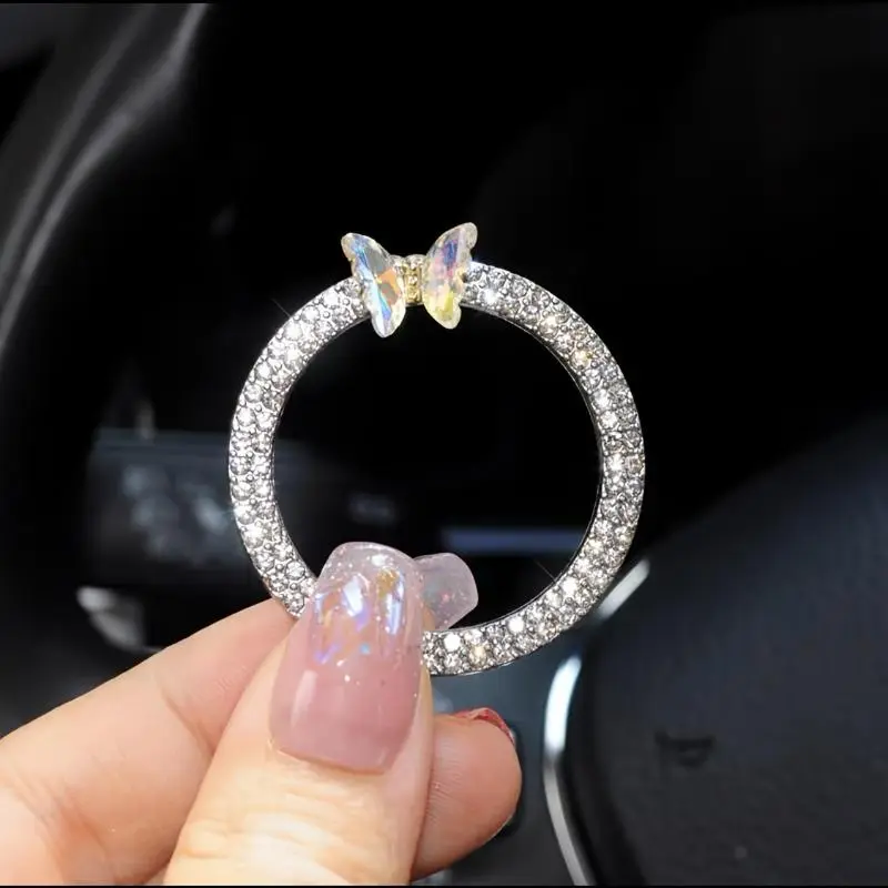 1Pc one-click start protective sticker, car logo inlaid with diamonds Symphony bow ignition ring, decorative ring, diamond ignition switch decorative diamond ring, Car Interior Decor, Car Accessories