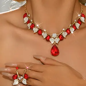 Necklace and Earrings Jewelry Set for Women, Vintage Water Drop Gemstone Leaf Collar Chain Jewelry Set, 14K Gold-Plated,