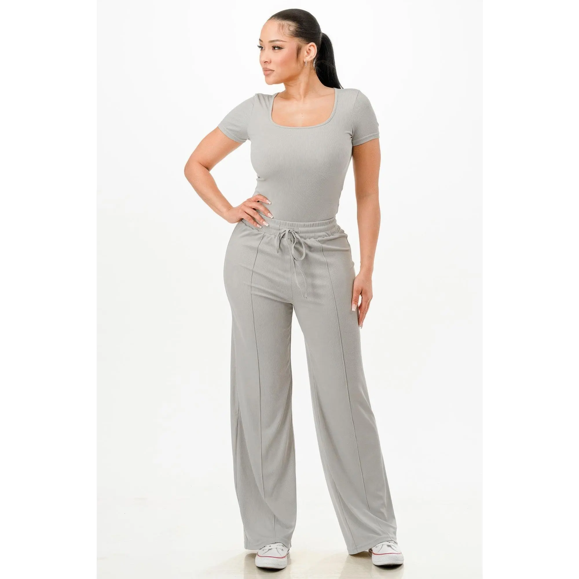 Ribbed Bodysuit and Wide-Leg Pants Set | Two-Piece Outfit