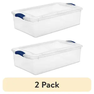 (2 pack) 32 quart clear plastic storage bin with latch lid, blue latch (2 pack) 32 quart clear plastic storage bin with latch lid, blue latch