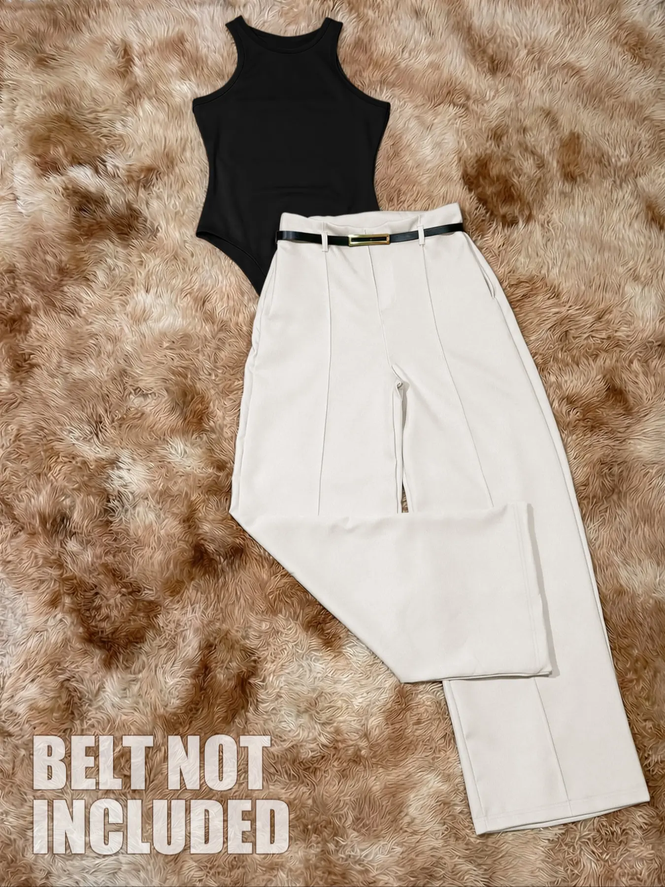 Women's New Fashion Clothes Set Womenswear Casual Comfortable Fitted Versatile Simple Knitted Solid Color Round Neck Sleeveless Matching Sets Bodysuit Top & Trouser Set, Elegant Slimming High Waist Wide Leg Pants Outfit