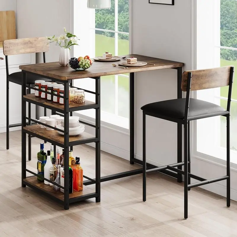 Gaomon 3-Piece Rustic Brown Counter Height Bar Dining Table Set - MDF & Steel Stable Build, 3 Storage Shelves, 2 Upholstered Seats (Stows Under Table), Waterproof Surface, Shelf for Tableware, Ideal for Adults, Apartment Small Spaces