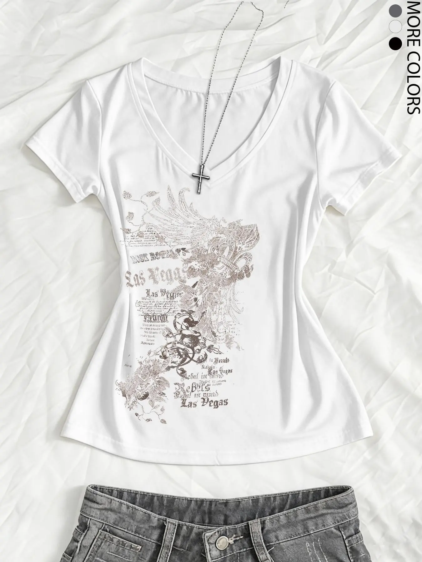 Women's Summer V-Neck Fitted T-Shirt, Basic Casual Fashion Tee, Vintage Cross Flower Punk Subculture Streetwear Anime Print, Short Sleeve V-Neck Design, Casual Slim Fit, Casual Tops, Lady Womenswear