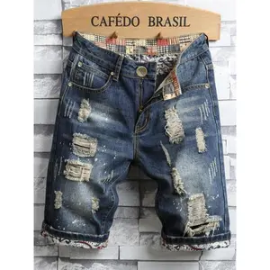 Men's Patched Ripped Denim Shorts, Distressed Jeans Shorts, Street Fashion Zipper Fly Pocket Denim Shorts for Summer, Fashion Men's Bottoms for Daily Wear