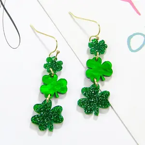 St. Patrick Glitter Acrylic Green Clover Earrings For Women Holiday Jewelry Gift