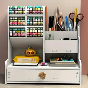1 white pen holder with drawers and a pencil rack - a multi-functional desktop storage box with a multi-compartment design, convenient for storing office supplies. This desktop storage box can be used as a pencil holder and a marker storage box.