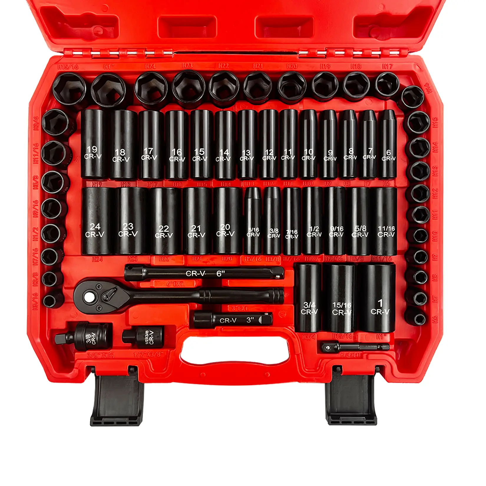 64-Piece SAE/Metric Socket Wrench Set, Cr-V Steel 6-Point Deep & Shallow Sockets, 6-24mm & 5/16-1" Sizes, Adapters, 72T Handle, SAE Metric Tools, Socket Wrenches
