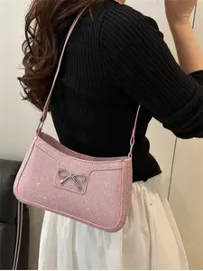 New Fashion Casual Women's PU Material Coin Purse Makeup Bag, /coffee/ Bow Metal Accessories Underarm Wallet Crossbody Shoulder Bags