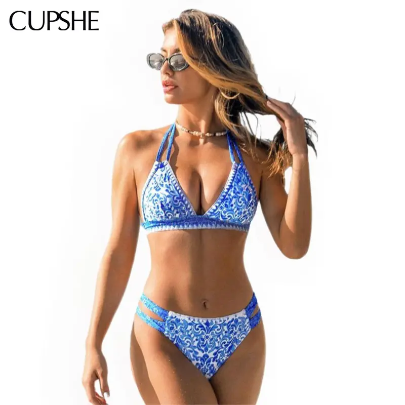 CUPSHE Boho Shell Stitch Bikini Set | 2026 Mediterranean Blue Halter Two Piece Swimsuit | Trendy Cheeky Bottoms & Supportive Removable Cup Bathing Suit