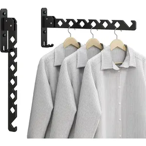 Wall Mounted Clothes Drying Rack, Wall Clothes Hanger Hook for Laundry Room, Clothes Hanger Foldable, Wall Clothes Rack Indoor,  for Small Spaces, Matte Black 2 Packs