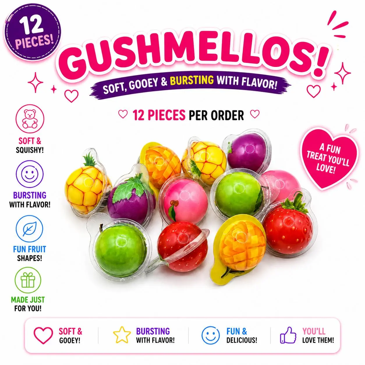 Gushmellos Pick & Mix - 12 Single Pieces Gummy Candy Fruity Gummies