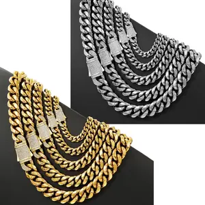 18K Gold Plated Miami Cuban Link Chain Necklace, Stainless Steel, 6-14mm, Silver/Gold Hip Hop Jewelry for Men & Women