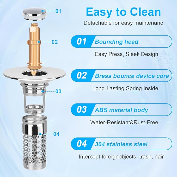 Upgrade Stainless Steel Bathroom Sink Stopper, 1/2Counts Anti-odor Basin Bouncing Core, Pop UpBathroom Sink Plug, Sink Drain Stopper forBathroom Bathtub,Home Goods