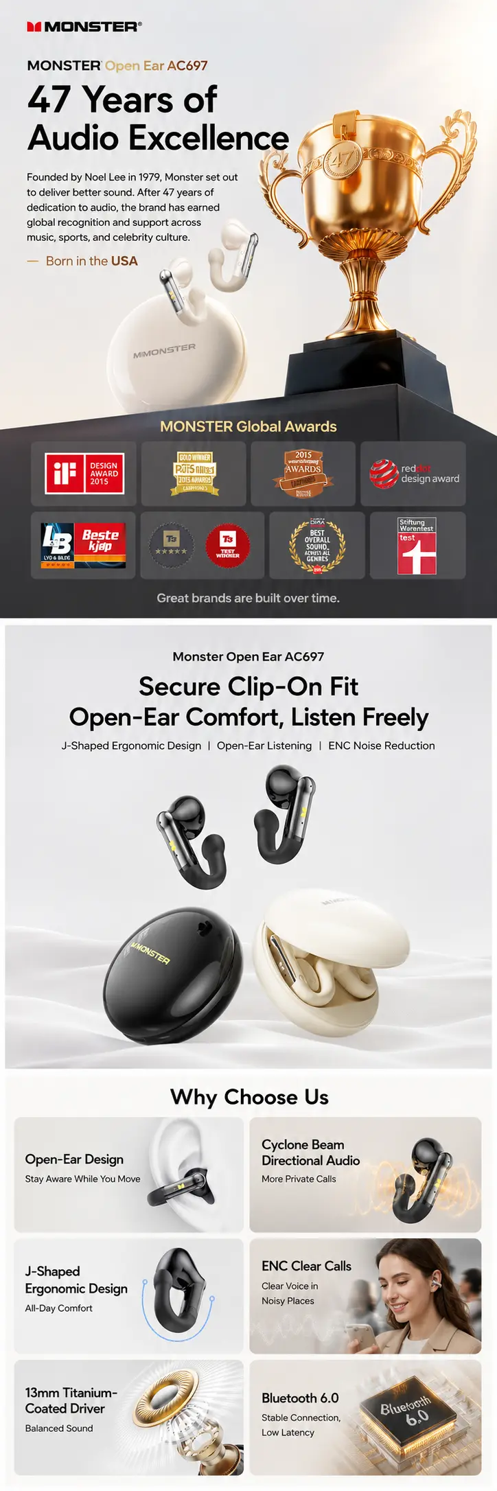 MONSTER Open Ear Clip-On Bluetooth Earbuds - Open Ear Headphones, Bluetooth 6.0 Wireless, 13mm Drivers, J-Shaped Comfort Fit, 4.3g Lightweight, ENC Call Clarity, Waterproof Sports Earphones, 165H Playtime for Running, Earphones & Accessories