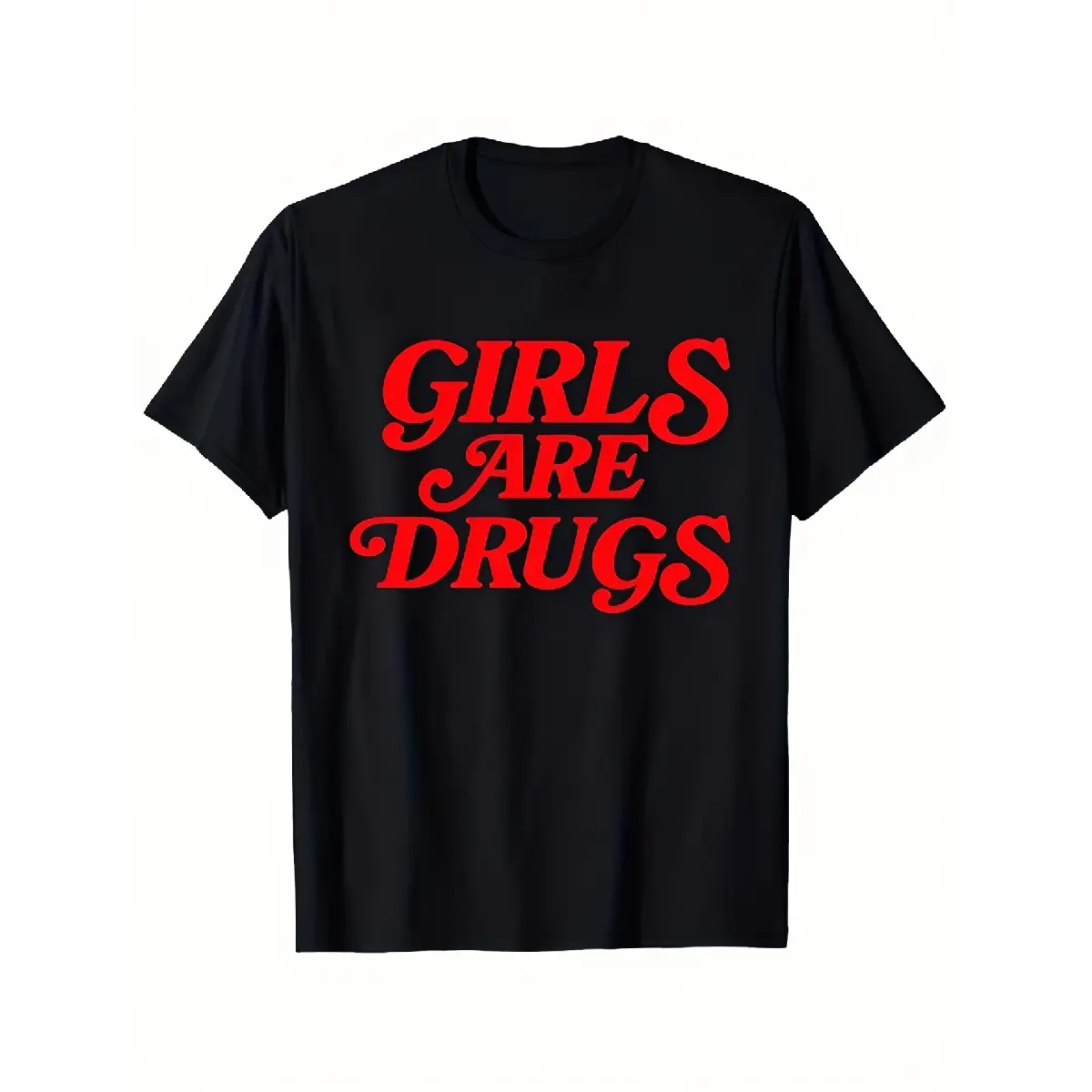 'S & 'S Short  Black Short Sleeve Graphic T-Shirt with Are Drugs Print Casual Streetwear Fashion Top, Crew Neck, Slim Fit, Printed Blouse, Elegant Crew Neck Shirt, Comfortable Elasticity, Unisex, All-se Same Style for Men and Women 2025 Summer Short-sleev
