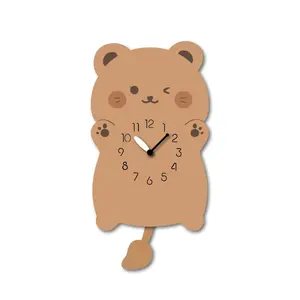 "Cocoa" - Charming Brown Bear Shaped Pendulum Wall Clock, Cartoon Style, Warm Brown, MDF, 11.6'x9'x1.8', White Gift Box Decor Decorative
