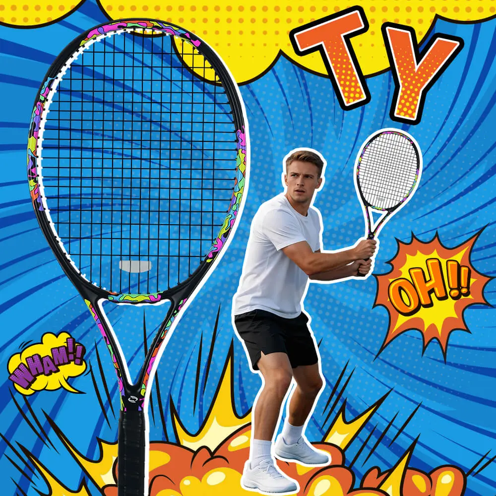 SALYWEE 2026 Upgraded Doodle 2.0 Professional Carbon Fiber Tennis Racket - 105in² Head, 280g±10g Empty, 50lbs-60lbs Pre-strung, Dazzling Graffiti Design, Large Sweet Spot, Lightweight Composite Carbon Fiber, Wrist-Safe Defensive Control for Adults
