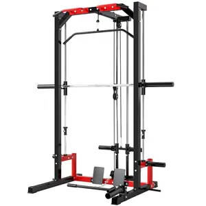 Multifunctional Smith Machine Power Rack with Pull Up Bar Lat Pull Down System Squat Rack Barbell Bar Included Home Gym System Strength Training Equipment