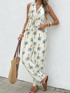 Two piece women's bohemian style coconut tree print set, Casual Matching Set, V-neck sleeveless drawstring waist cinched top, fashionable drape wide leg pants, versatile for commuting and dating, suitable for summer, vacation, indoor, outdoor wear, Boho