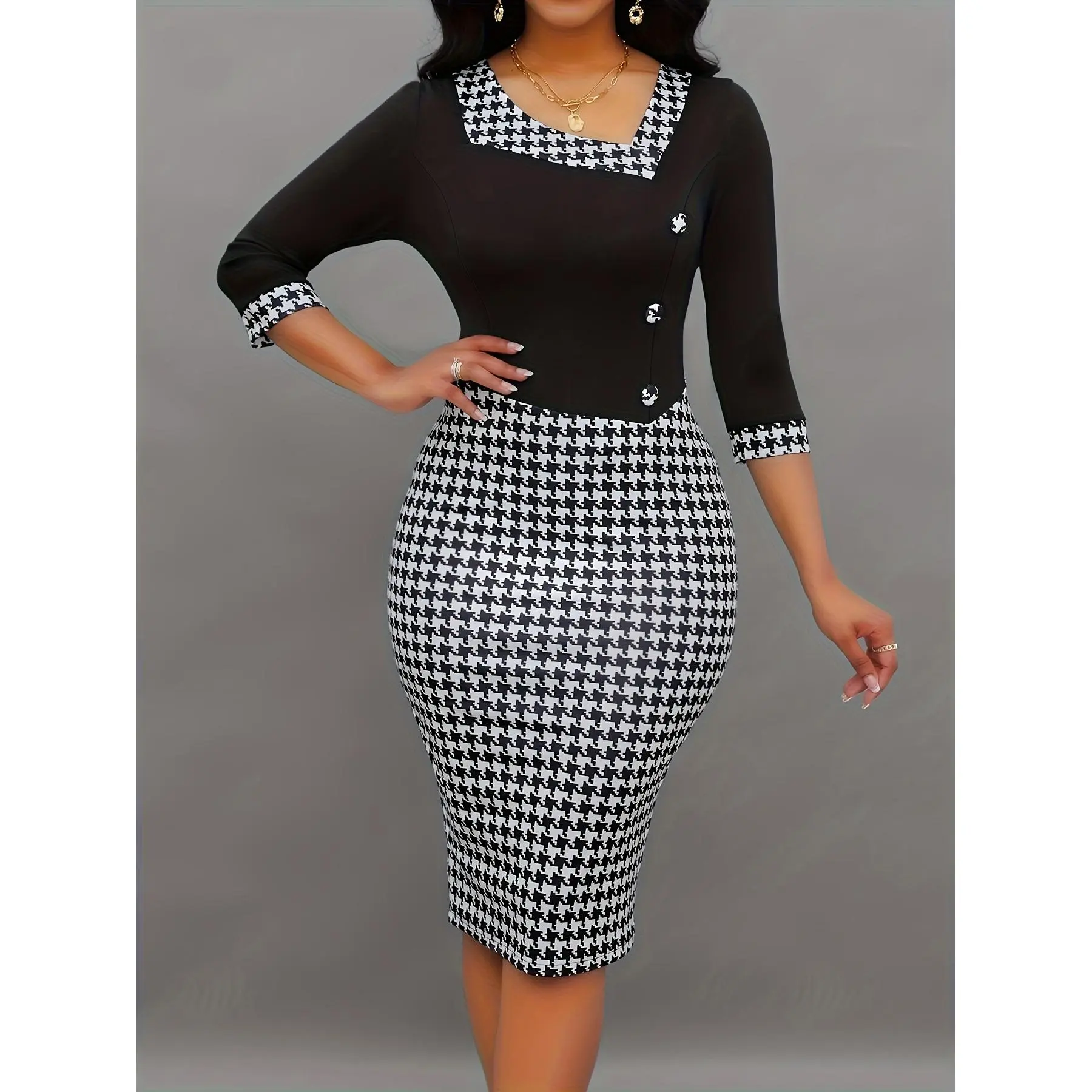 Elegant Half Sleeve Houndstooth Print Bodycon Dress - Splicing Spring & Summer Women's Clothing