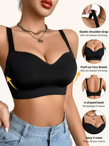 Women's Solid Color Jelly Sports Seamless Push-Up Bra, Wide Shoulder Straps, Adjustable Comfortable Innerwear, Medium Support, All Seasons