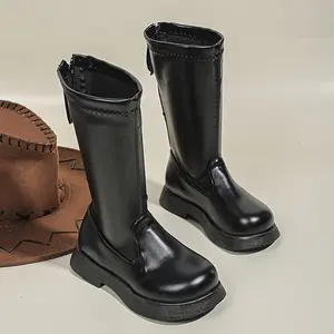 Girls' Stylish Black Mid-Calf Cowboy Boots - Durable, Side Zipper, Round Toe, All-Season Comfort Casual Wear, Cowgirl Boots