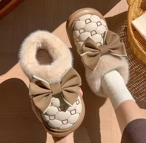 Platform Ankle Bow Boots - Fluffy Snow Booties for Women in Winter Footwear - Girl
