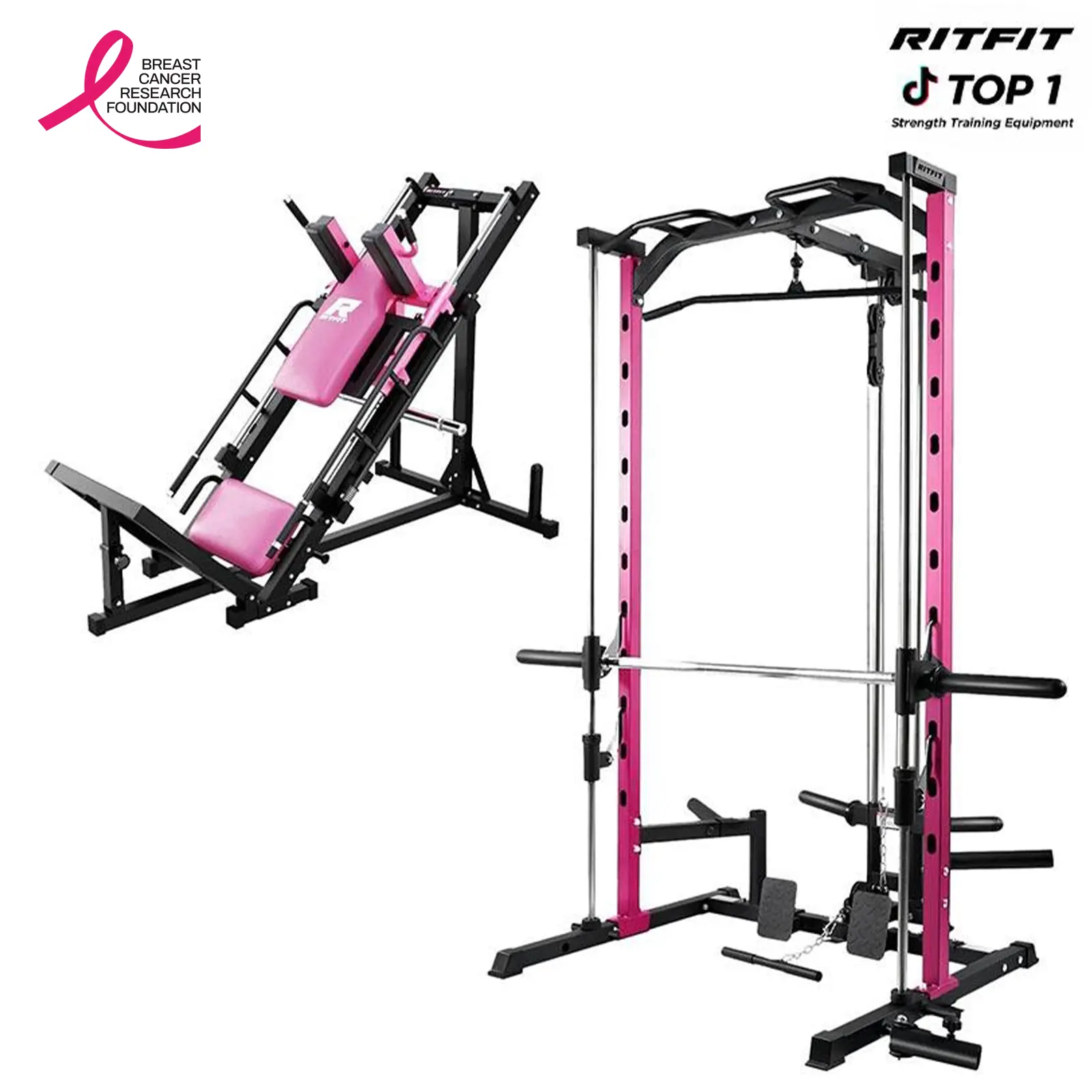 RITFIT Pink PSR05 Compact Home Gym Combo - LAT Pulldown System, BLP01 Adjustable Squat Machine with Adjustable Leg Press Footboard, 2in+ Anti-Slip Cushion, Quiet Home Workout Station Strength Training Equipment