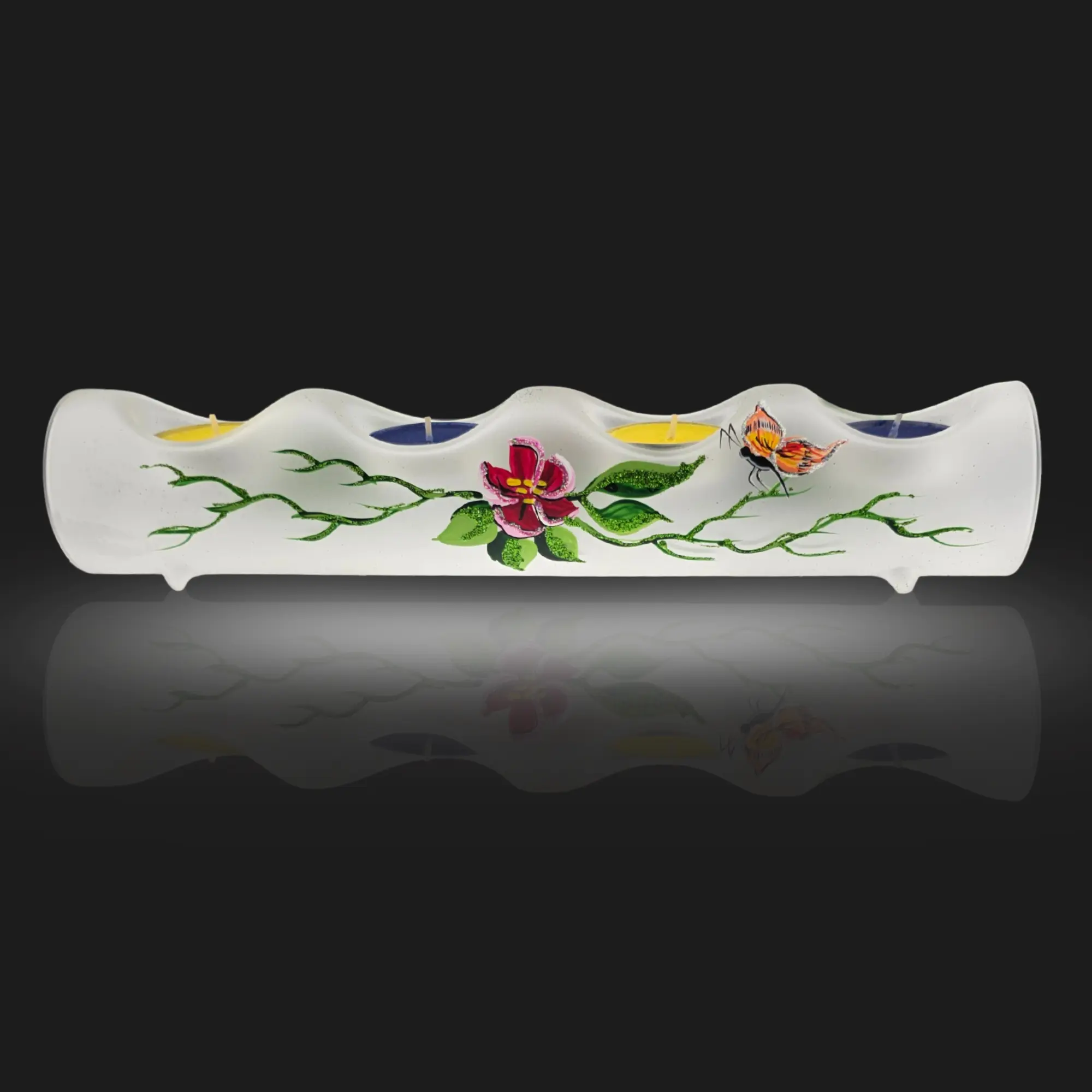 Frosted Glass Quad Candle Holder, Hand Crafted in Ukraine, Butterfly Design, Wonderful Year Round