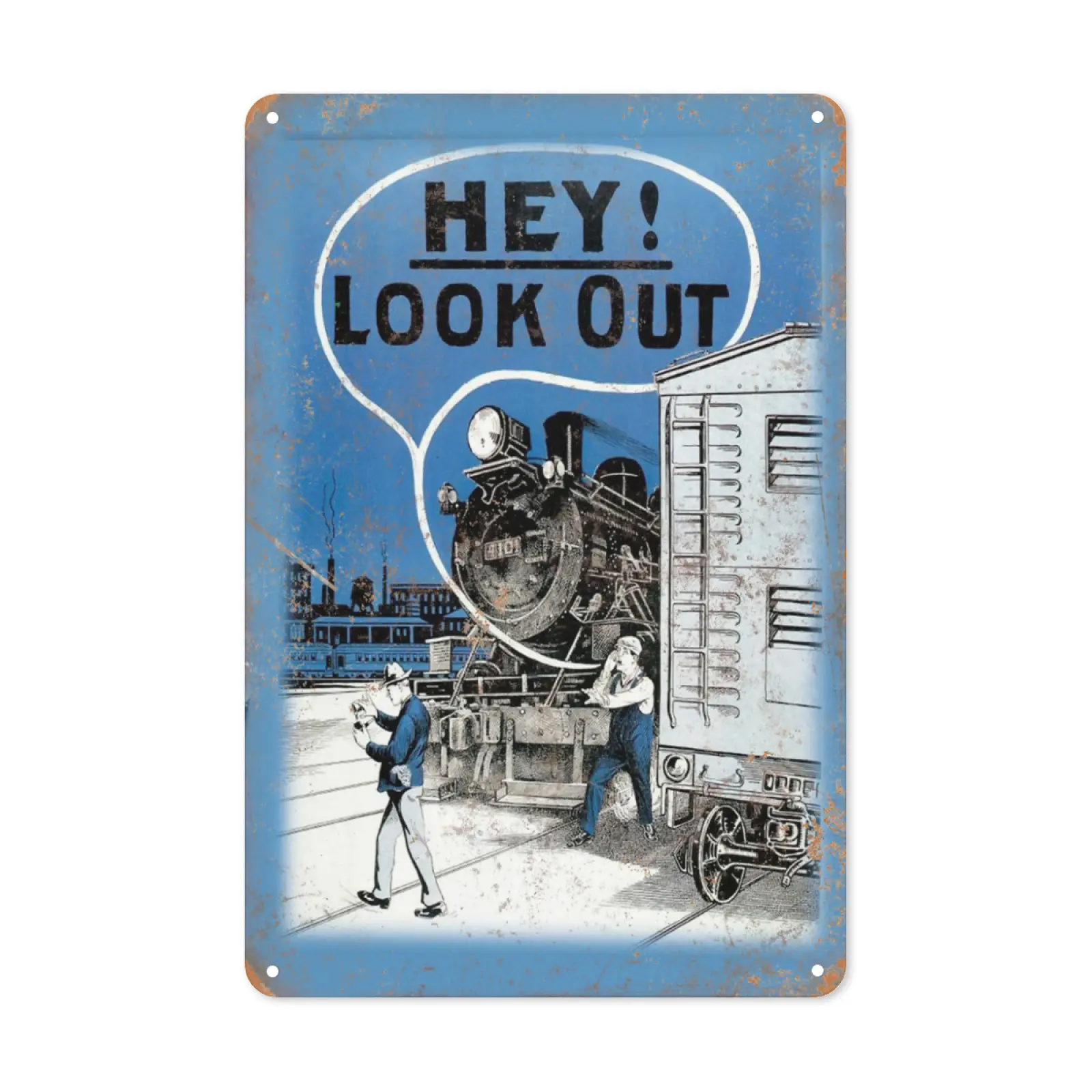 WSTKJW 1965 Railroad Safety Council "Hey Look Out!" Graphic Tin Metal Reproduction Print Wall Plaque - 12x8in/20x30cm Durable Hanging Decoration, Home Kitchen Wall Decor
